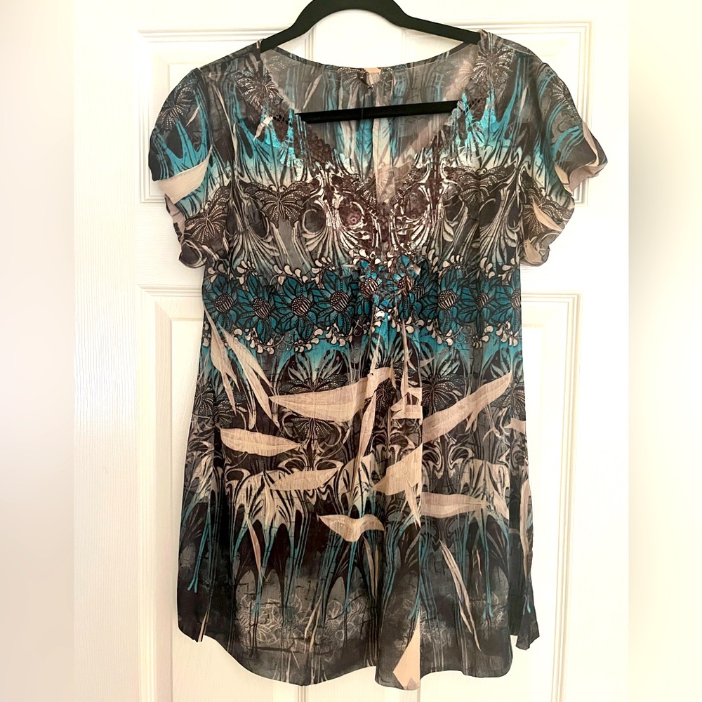 Sienna Rose Mushka sheer short sleeve blouse Turquoise and gray. Size L. $25